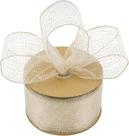 MEEDEE Champagne Gold Wired Ribbon - 2.5 Inch Horizontal Stripes Polka Dot Christmas Ribbon Organza Sheer Glitter - 25 Yards for Christmas Tree, Wreath Bow