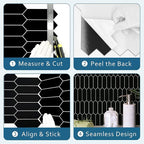 SUNWINGS Backsplash Tile for Kitchen Peel and Stick, Stone Composite Self Adhesive Tiles Long Hexagon Mosaic Wall Tile for Kitchen, 12 Inch x 11.22 Inch 10 Sheets Black Matte