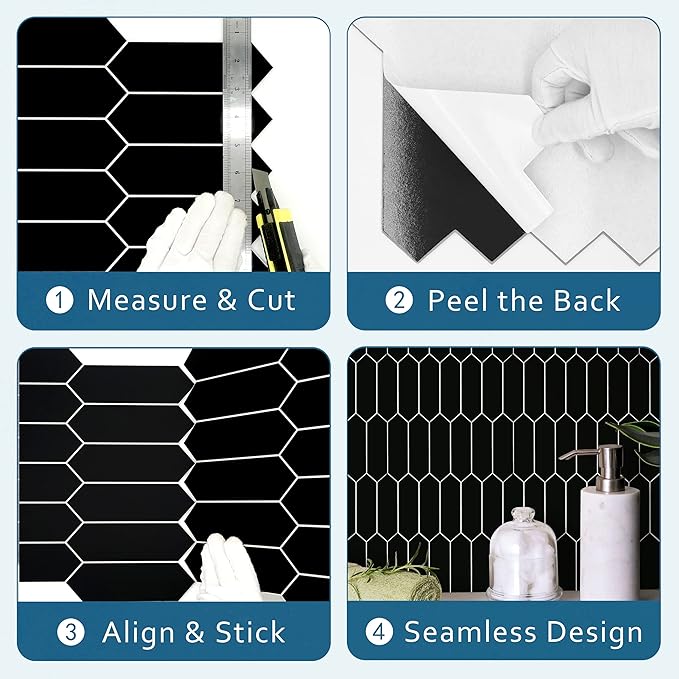 SUNWINGS Backsplash Tile for Kitchen Peel and Stick, Stone Composite Self Adhesive Tiles Long Hexagon Mosaic Wall Tile for Kitchen, 12 Inch x 11.22 Inch 10 Sheets Black Matte
