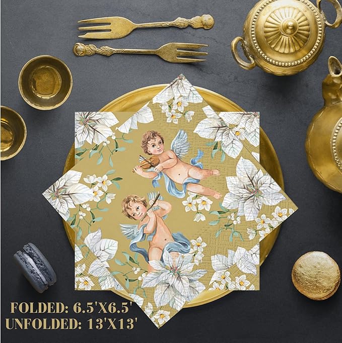 20-ct 13x13 Christmas Paper Decoupage Napkins, 3-Ply Servilletas Tissue Napkin for Dinner and Parties, Disposable Napkins (Angel Flower)