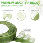 Green Ribbon for Gift Wrapping, 1 inch 50Yard Sage Green Sheer Organza Ribbon for Flower Bouquet, Crafts, Gifts Wrap Chiffon Fabric Ribbons for Birthday, Wedding, Christmas, Easter Decoration