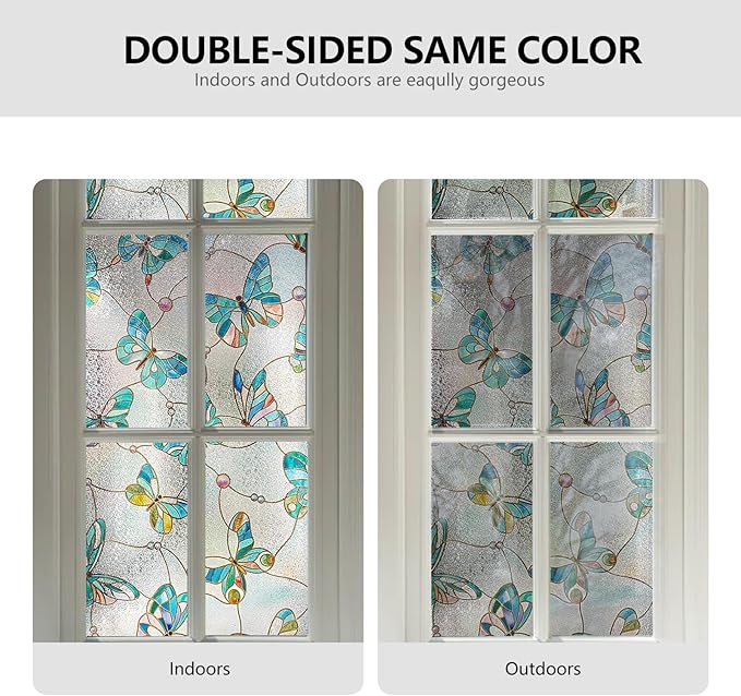 3D Stained Glass Window Film, Decorative Window Privacy Film for Bathroom,Front Door,Home, Sun Blocking Heat Control,Static Cling,Butterfly, 23.6inch x 35.4inch