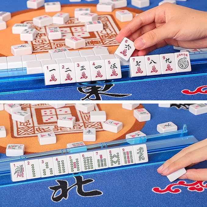 American Mahjong Game Set, 166 White Tiles, 4 All-in-One Color Rack/Pushers, Complete Mahjong Set with Pink Printed Carrying Bag