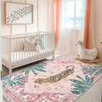 Tribal Rugs, 3x5 Pink Boho Small Area Rugs for Bathroom Kitchen Small Indoor Entryway Rug Modern Vintage Distressed Summer Tropical Jungle Carpet Non-Slip Washable