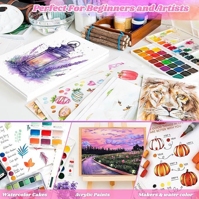 128 Sheets Watercolor Paper, Art Supplies for Kids, 7"x10" Cold Press Water Color Paper, 140lb/300gsm Artist Acrylic Painting Supplies for Adults, Watercolors, Paint Set, Colors, Sketchbook, Journal