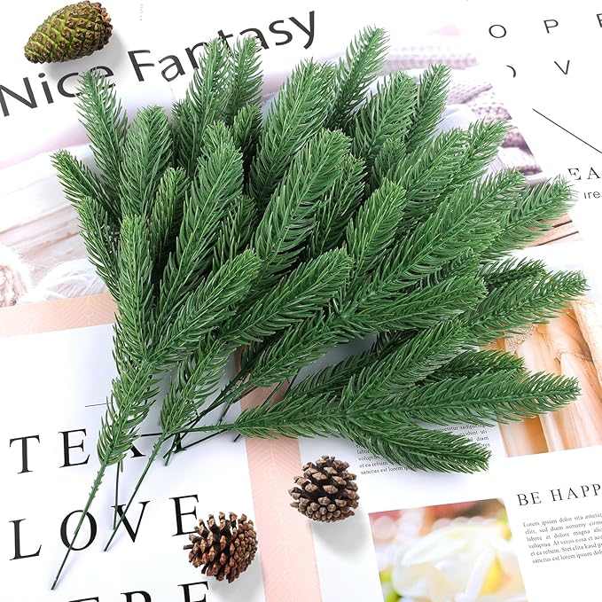Hananona 50 Pcs Artificial Pine Branches Christmas Greenery Plants Pine Needles DIY Cedar Picks and Sprays Accessories for Christmas Garland Wreath Craft and Home Decor (50, Green)