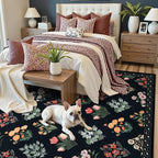 Wonnitar Floral Print 8x10 Washable Rug, Non Slip Black Dining Room Rug, Moroccan Large Stain Resistant Low Pile Indoor Carpet for Bedroom Playroom Home Decor, Black/Multi