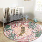 Washable Pink Rugs Thin Oriental Boho Vintage Cute Tropical Leopard 6ft Round Area Rugs for Bedroom Kitchen Dining Living Room Office Indoor Entryway Distressed Nursery Circle Carpet