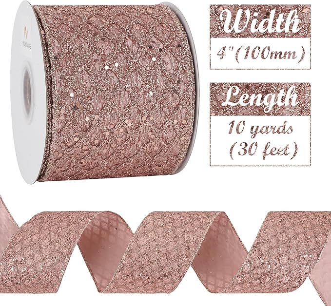 HUIHUANG Rose Gold Christmas Ribbon 4 inch Rose Gold Glitter Wired Ribbon Diamond Mesh Wire Ribbon for X-mas Tree Decorations, Wreaths, Garland, Large Bows Making, Home Decor -10 Yards