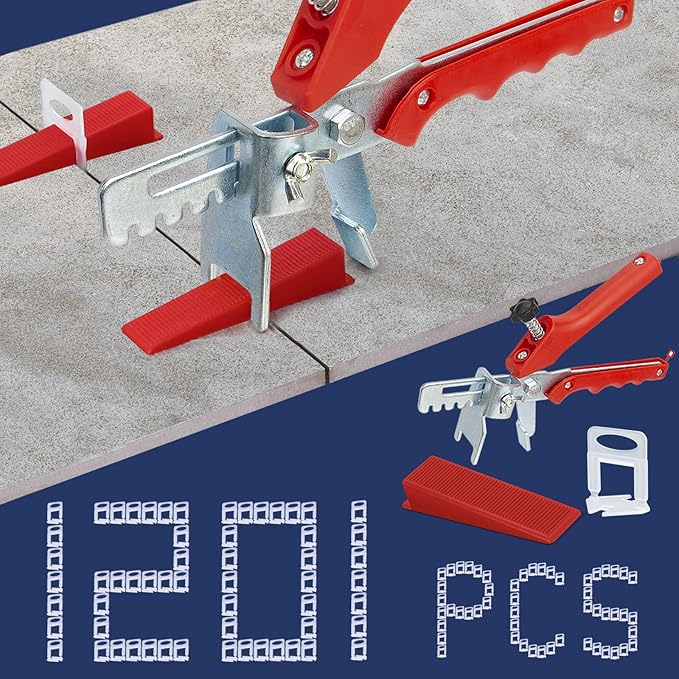Tile Leveling System with Tile Plier, 1000-Piece Tile Spacers Clips and 200-Piece Reusable Wedges, Tile Leveler Tool Set for Ceramic Tile and Stone Installation (1/8 Inch Tile Spacers)