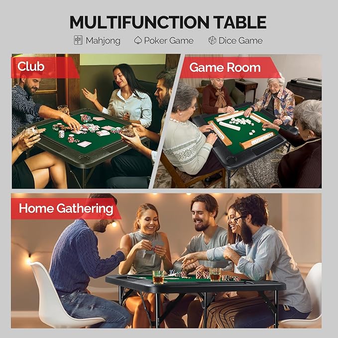 PEXMOR 35" Foldable Mahjong Table, 4 Player Card Game Table w/Cup Holders & Chip Grooves, Portable Folding Poker Domino Board Game Table for Blackjack, Texas Hold'em, Jigsaw Puzzles Game