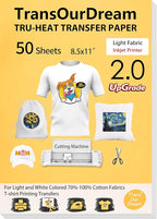 TransOurDream Upgraded Iron on Heat Transfer Paper for T Shirts (50 Sheets, 8.5x11") Iron on Transfers for Light Fabric Printable Heat Transfer Vinyl for Inkjet Printer (L2-50)