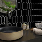 SUNWINGS Backsplash Tile for Kitchen Peel and Stick, Stone Composite Self Adhesive Tiles Long Hexagon Mosaic Wall Tile for Kitchen, 12 Inch x 11.22 Inch 10 Sheets Black Matte