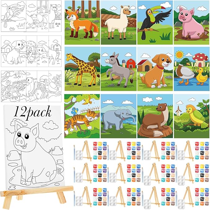 Zhanmai 12 Pack Pre Drawn Canvas for Painting Sip and Paint Kit 8" x 10" Paint Party Set Canvas Painting Pre Printed Canvases for Party Favor DIY Virtual Adult's Date Night(Cartoon Animals)