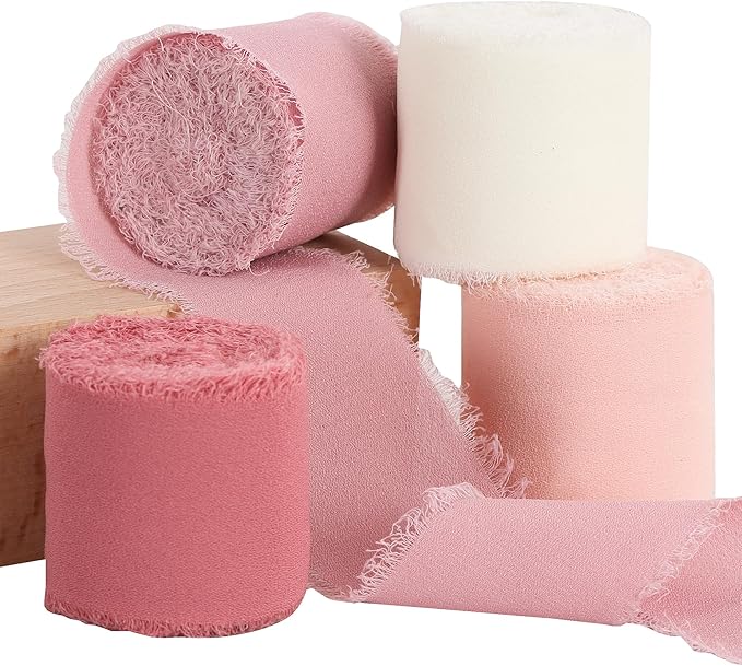 TONIFUL 4 Rolls Silk Chiffon Ribbon, 1-1/2 Inch x 22yds, Dusty Pink and Cream Chiffon Ribbons Set, Handmade Fringe Silk Ribbon for Gift Wrapping Bridal Bouquets Wedding Invitations Decoration Crafts