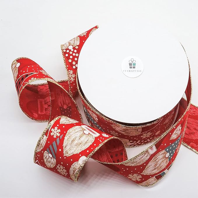 CT CRAFT LLC Red Satin with Elf Christmas Wired Ribbon 2.5 Inch x 25 Yards for Christmas Home Decor Tree Topper Bow Gift Wrapping DIY Crafts Wreath Garland