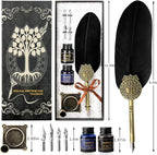 Quill pen ink set,Feather Pen and Ink Set,Antique Calligraphy Pen with 4 Replaceable Nibs,2 Bottle of ink,Feather Dip Pen Holder Christmas Gift for Men&Women.(Black)