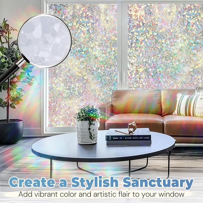 DOWELL Window Privacy Film Rainbow Film, Stained Glass Decorative Sticker, Static Cling Non-Adhesive Glass Clings, Sun Blocking Heat Control Window Coverings for Home Door, 35.4" x 157.4"