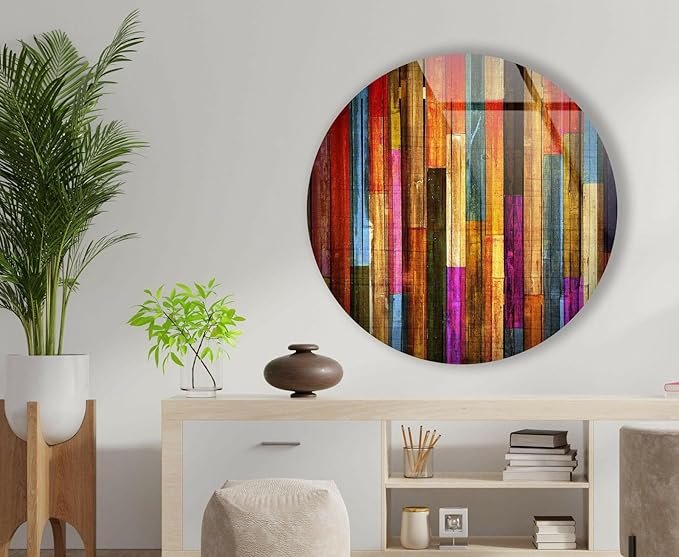 My Photostation.com 27.5''(70cm) Diameter Colorful Wood Pattern Round Glass Wall Art Tempered Glass Printing Wall Decor Large Wall Art Wall Hangings