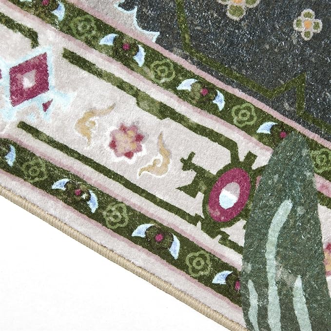 Oriental Tropical Washable Rugs, Greyish Green Boho Vintage Hippie 5x7 Area Rugs for Living Room Bedroom Kitchen Entryway Dorm, Abstract Botanical Animal Tribal Indian Accent Carpet