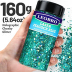 LEOBRO Blue Glitter, 160G/5.64OZ Holographic Chunky Glitter for Crafts, Resin, Body Nail, Tumblers,Party Decorations, (Peacock Blue)