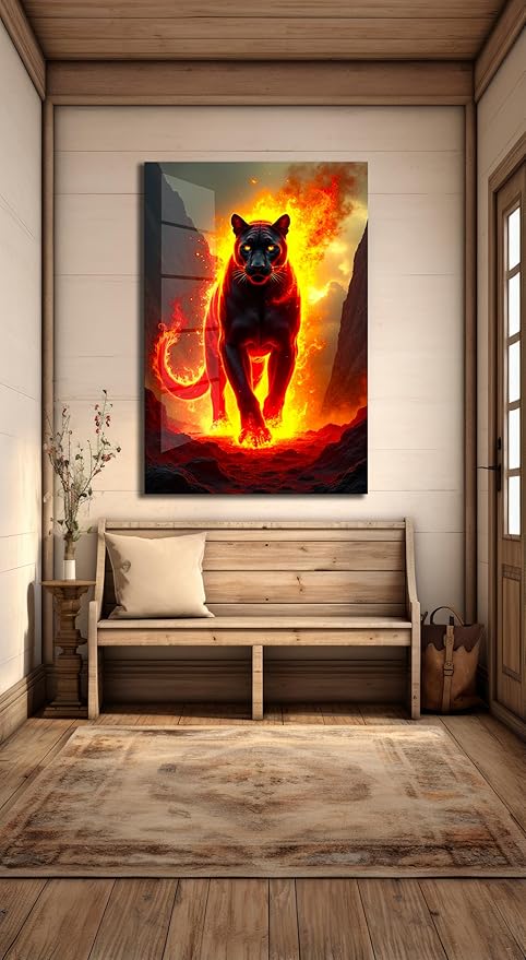 SpiritualHands Fiery Black Panther Glass Wall Art Painting for Living Room, Tempered Glass Modern Prints Decor, Large Vivid Color Panel for Bedroom, Kitchen, or Office