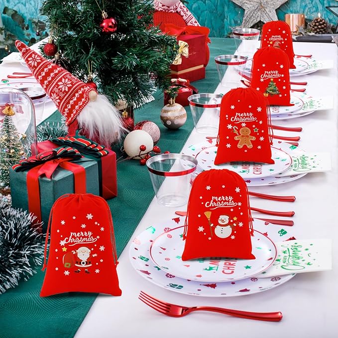 Tapleap Velvet Coth Christmas Bags with Drawstring, 50Pcs 5x7 for Wrapping Christmas Party Favors or Gifts for Friends, Small Bussiness, Children, Coworkers
