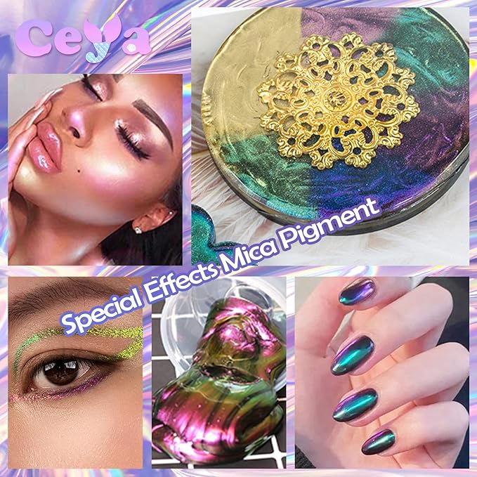Ceya Chameleon Mica Powder, 1.8oz/ 50g Aurora Borealis Chrome Nail Powder, Cosmetic Grade Pearlescent Effect Color Shift Pigment for Epoxy Resin, Makeup, Nail Polish,Soap Dye,Candle Making,Slime,Paint