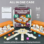Queensell Dominoes Double 12 with 8 Holders + Wooden Hub + Score Pad + Metal Trains