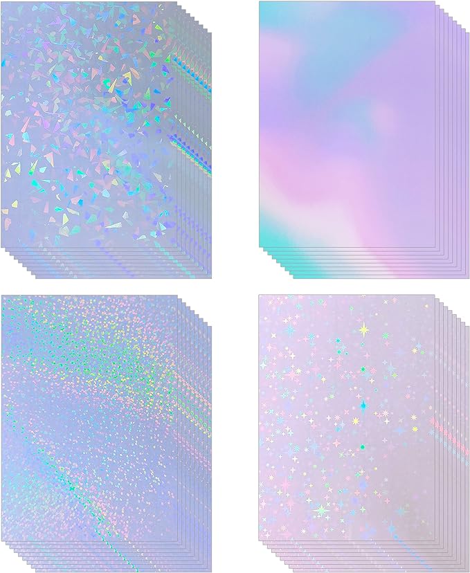 36 Sheets Holographic Sticker Paper 8.5" x11'' Waterproof Clear Vinyl Sticker Sheets Self-Adhesive Rainbow Overlay Sheets with 4 Styles Mixed