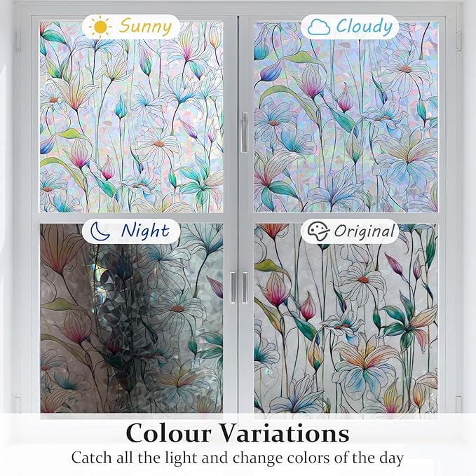 Donox Decorative Window Privacy Film, 3D Floral Stained Glass Window Film Static Cling Rainbow Privacy Sticker for Glass Door Heat Control Anti UV, No Adhesive (Magnolia,35.4 x 157.4 inches)