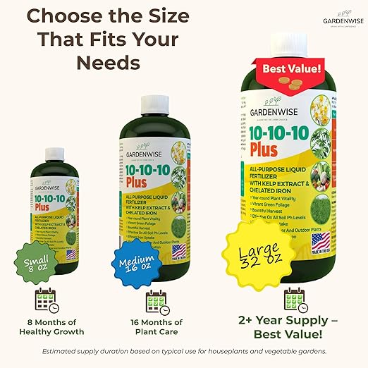 10-10-10 All Purpose Plant Food - Liquid Fertilizer with Seaweed Kelp & Iron - Indoor & Outdoor Plant Food, Vegetables, Flowers, Lawn & Garden 1x32oz