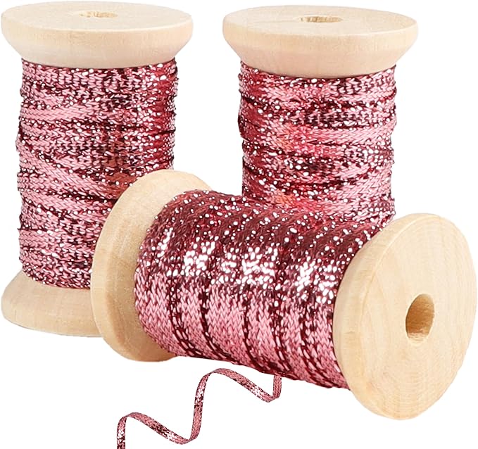 Rose Gold Thin Ribbon 1/8 inch Metallic Braided Double Faced Ribbons Curling Ribbons for Balloon String Crafts Gift Wrapping Party Wedding Christmas Ornaments Decoration 7 Yard x 3 Rolls