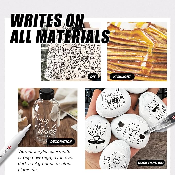 White Paint Marker Pens 6 Pack 0.7mm Extra Fine Tip, Permanent Acrylic Ink for Rock, Wood, Metal, Glass, Ceramic, Plastic, Canvas, Pens for DIY Crafts, Art & Fine Detailing