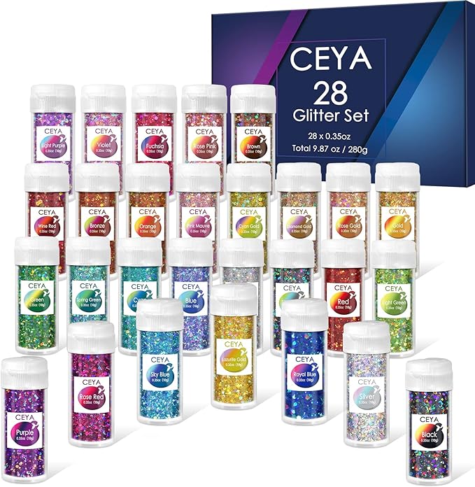 Ceya Holographic Chunky Glitter Set 28 Colors, 9.87oz/280g Craft Glitter Powder Mixed Chunky Fine Sparkle Flakes Each 15ml Iridescent Nail Sequins for Epoxy Resin Nail Art Tumbler Slime Festival Decor