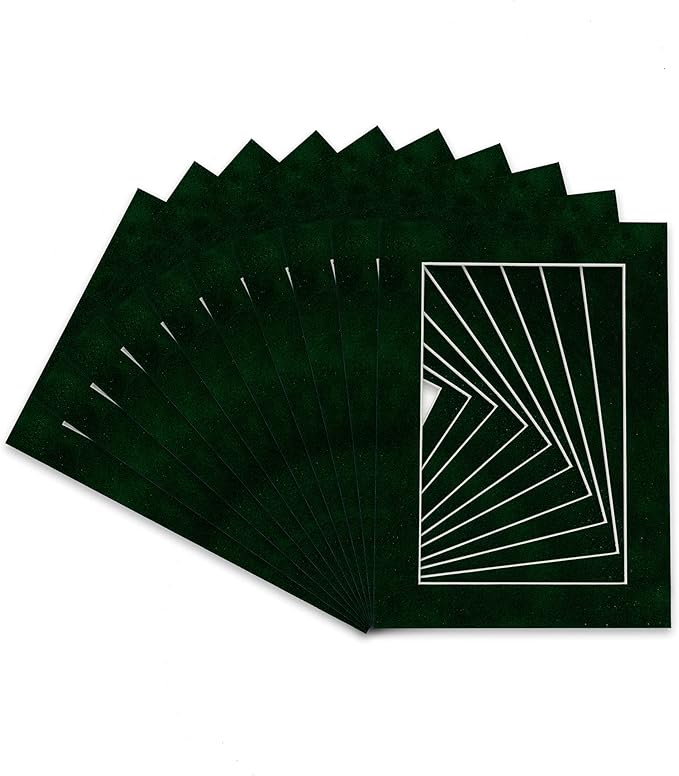 Pack of Ten Acid Free 8x10 Mats Bevel Cut for 5x8 Photos - Green Suede Precut Matboards With Backing Boards and Self Seal Photo Mat Bags For Pictures, Photos, Framing - 4-ply Thickness