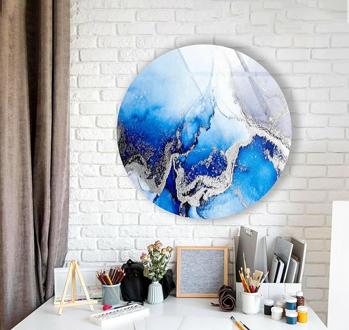 My Photostation.com 15.8''(40cm) Diameter Blue Marble Round with Silver Details Glass Wall Art Tempered Glass Printing Wall Decor Large Wall Art Wall Hangings