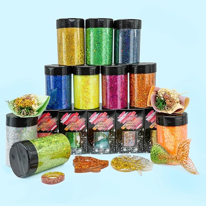 Estanoite Holographic Chunky Glitter, 160G/5.64OZ Craft Glitter for Resin, Metallic Iridescent Chunky Glitter Sequin Flake, Cosmetic Glitter for Makeup Body Nail Face Eye, Glitter Tumbler (Gold)