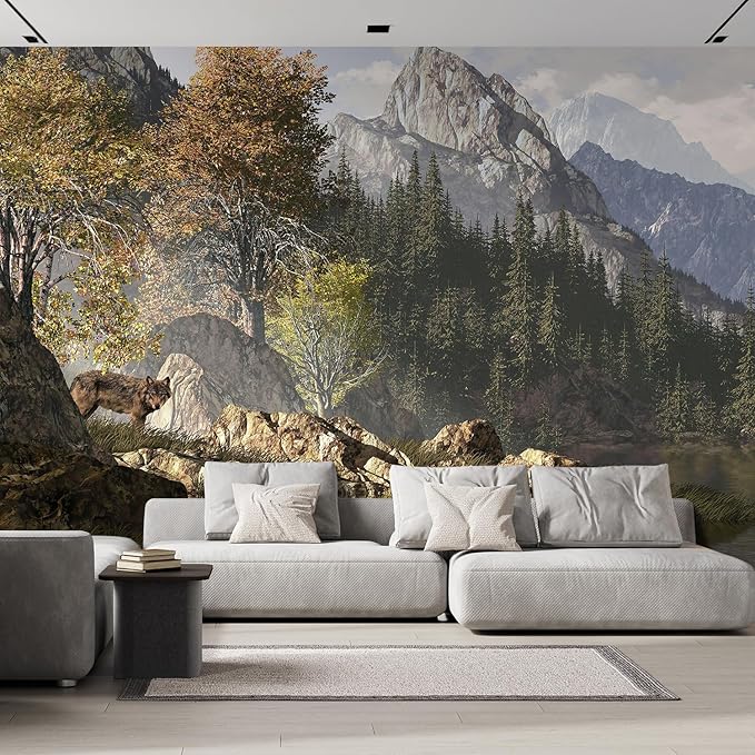 wall26 Wall Sticker/Wall Mural Wolf Near a Lake in a Rocky Mountain Landscape, Not Peel and Stick, Non-Woven Wallpaper Decorative for Bedroom, Living Room, Office - 120x120 inches