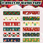 12 Rolls Christmas Washi Tapes Christmas Tree Snowman Snowflakes Gingerbread Man Masking Tape Red Green Gold Foil Xmas Decorative Tape for Xmas Scrapbook Journal Gift Wrapping DIY Crafts 16.4FT