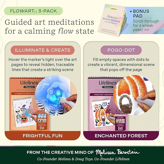 Lifelines FlowArt Activity Pad, 2-Pack Fall Set + Bonus Pad - Guided Art Meditations with Markers - Illuminate & Create and Pogo-Dot - Coloring Books for Teens, Adults & Seniors