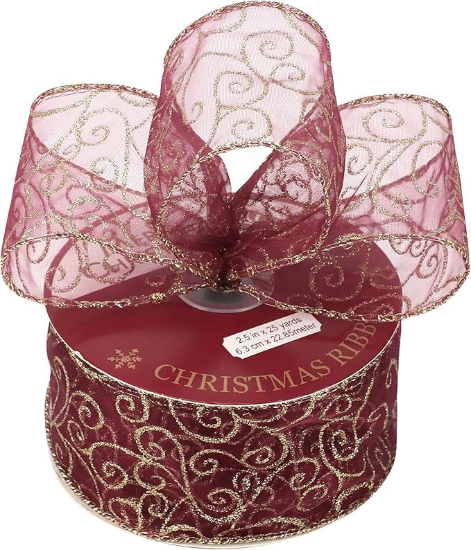 MEEDEE Red Gold Swirl Wired Ribbon 2.5 Inch Dark Red Sheer Ribbon with Gold Swirl Glitter Wired Ribbon Organza Sheer Ribbon 25 Yards Burgundy Sheer Christmas Ribbon for Christmas Tree, Wreath Bow