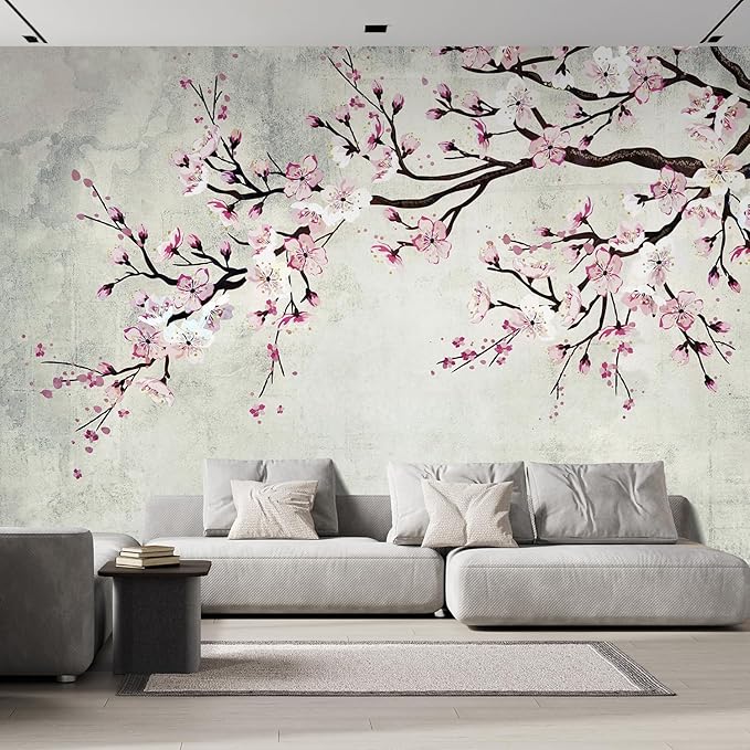 wall26 Large Wall Mural Watercolor Style Ink Painting Pink Cherry Blossom on Vintage Wall Background | Self-Adhesive Vinyl Wallpaper/Removable Modern Wall Decor - 132x144 inches