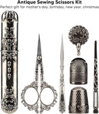 Vintage Embroidery Scissors Set, Comfortable Handle, Stainless Steel, Antique Design, Complete Sewing Kit for Embroidery, Needlework, with Thimble, Threader, and Needle Case