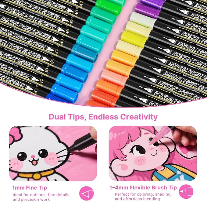 Tongfushop 120 Colors (12 Metallic) Acrylic Paint Marke, Dual Fine & Brush Tip Paint Pens, No Bleed & Quick-Dry with Case for Rock Painting, Canvas, Wood, Ceramic, Glass, Adult & DIY Art Supplies