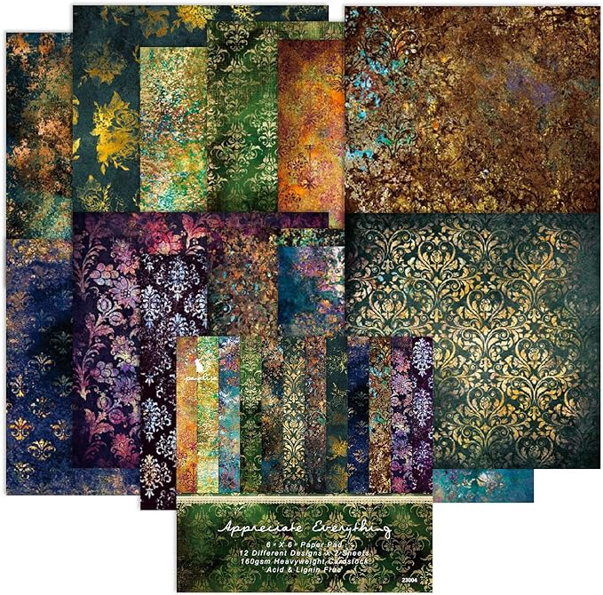 Aesthetic Scrapbook Paper Pad Vintage Patterned Paper 6×6,24 Sheets Single-Sided Boho Scrapbooking CardStock Papers Pad for Holiday Cardmaking DIY Origami Journaling.