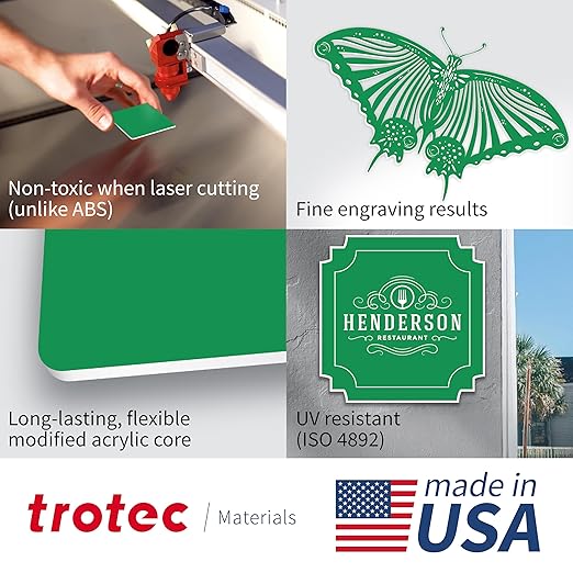 Trotec TroLase | 12"x24"x1/8", 4 Pcs | Bright Green/White | 2 Ply | Modified Acrylic | Laser Engraving Double Color Plastic Sheet | Engraving Blanks for Laser, Saw, Guillotine | Made in USA