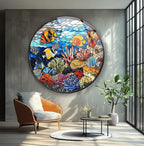 My Photostation.com 31.5''(80cm) Diameter Coral Reef Mosaic Round Glass Wall Art Tempered Glass Printing Wall Decor Large Wall Art Wall Hangings