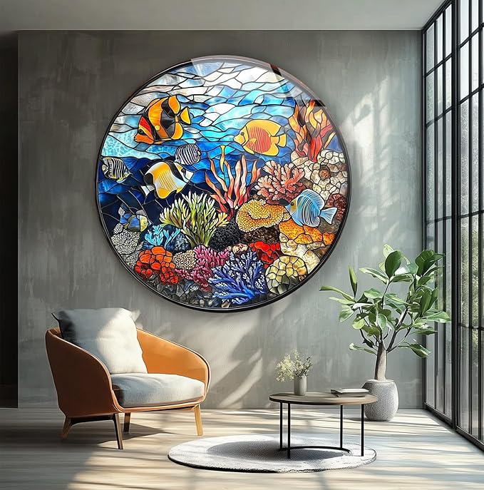 My Photostation.com 31.5''(80cm) Diameter Coral Reef Mosaic Round Glass Wall Art Tempered Glass Printing Wall Decor Large Wall Art Wall Hangings