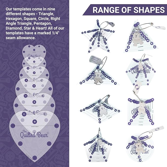 The Quilted Bear Square Quilting Templates – 8 Clear Non-Slip Acrylic Quilt Templates for Precise Fabric Cutting & Stress-Free Machine Quilting - Ideal for Quilt & Sewing Supplies (¾–3")